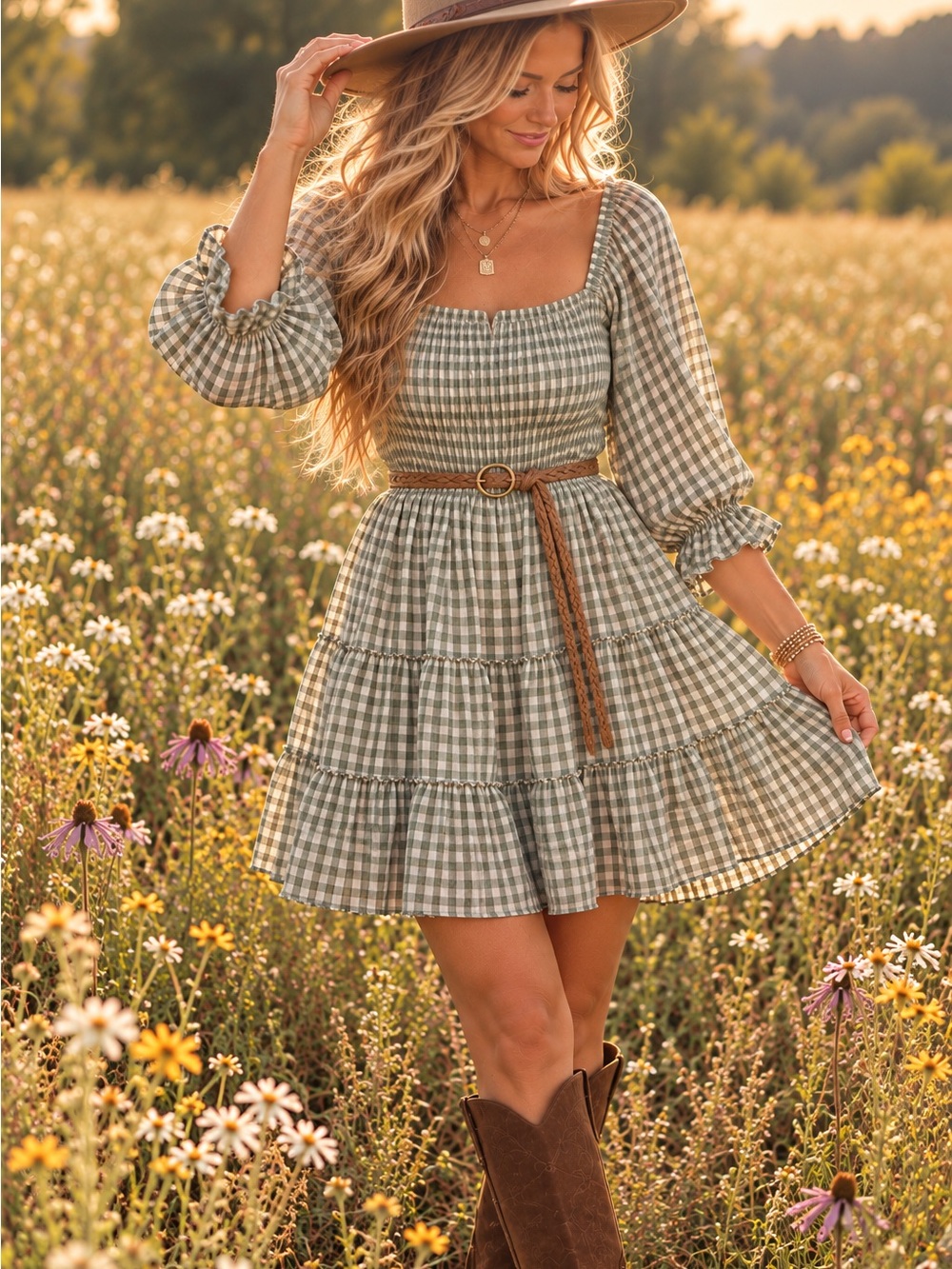 MABLE Sage Green Gingham Smocked Tiered Mini Dress Size Large
